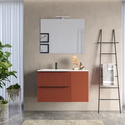 Mobile bagno sospeso 90 cm due cassetti terrarossa effetto cannettato con anta e lavabo in ceramica sx con specchio - Lameck