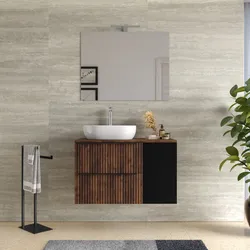 Mobile bagno sospeso 90 cm due cassetti noce maya effetto cannettato con anta nero satinato e top con specchio - Lameck