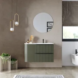 Mobile bagno sospeso 90 cm due cassetti verde selva effetto cannettato con anta e lavabo dx - Lameck