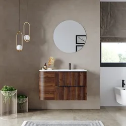 Mobile bagno sospeso 90 cm due cassetti noce maya effetto cannettato con anta e lavabo dx - Lameck