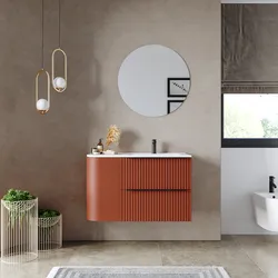 Mobile bagno sospeso 90 cm due cassetti terrarossa effetto cannettato con anta e lavabo dx - Lameck