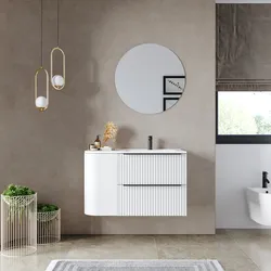 Mobile bagno sospeso 90 cm due cassetti bianco opaco effetto cannettato con anta e lavabo dx - Lameck
