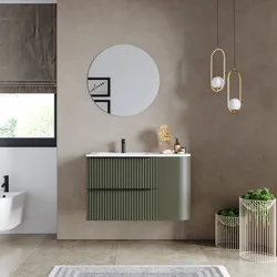 Mobile bagno sospeso 90 cm due cassetti verde selva effetto cannettato con anta e lavabo sx - Lameck