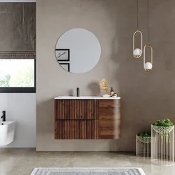 Mobile bagno sospeso 90 cm due cassetti noce maya effetto cannettato con anta e lavabo sx - Lameck