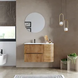 Mobile bagno sospeso 90 cm due cassetti rovere africa effetto cannettato con anta e lavabo sx - Lameck
