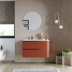 Mobile bagno sospeso 90 cm due cassetti terrarossa effetto cannettato con anta e lavabo sx - Lameck