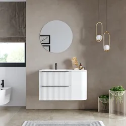 Mobile bagno sospeso 90 cm due cassetti bianco opaco effetto cannettato con anta e lavabo sx - Lameck
