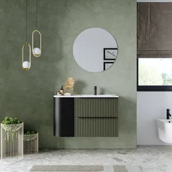Mobile bagno sospeso 90 cm due cassetti verde selva effetto cannettato con anta nero satinato e lavabo dx - Lameck