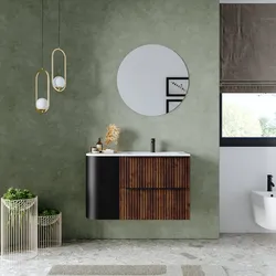 Mobile bagno sospeso 90 cm due cassetti noce maya effetto cannettato con anta nero satinato e lavabo dx - Lameck