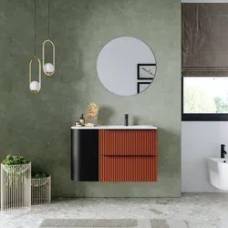 Mobile bagno sospeso 90 cm due cassetti terrarossa effetto cannettato con anta nero satinato e lavabo dx - Lameck