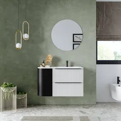 Mobile bagno sospeso 90 cm due cassetti bianco opaco effetto cannettato con anta nero satinato e lavabo dx - Lameck