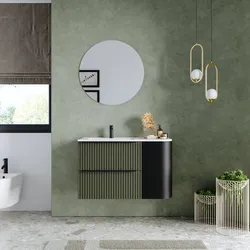 Mobile bagno sospeso 90 cm due cassetti verde selva effetto cannettato con anta nero satinato e lavabo sx - Lameck