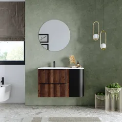 Mobile bagno sospeso 90 cm due cassetti noce maya effetto cannettato con anta nero satinato e lavabo sx - Lameck
