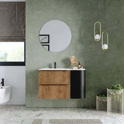 Mobile bagno sospeso 90 cm due cassetti rovere africa effetto cannettato con anta nero satinato e lavabo sx - Lameck