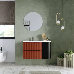 Mobile bagno sospeso 90 cm due cassetti terrarossa effetto cannettato con anta nero satinato e lavabo sx - Lameck