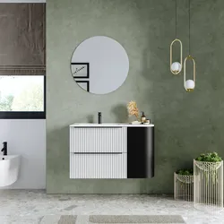 Mobile bagno sospeso 90 cm due cassetti bianco opaco effetto cannettato con anta nero satinato e lavabo sx - Lameck