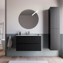 Mobile bagno sospeso 100 cm due cassetti nero opaco effetto cannettato e lavabo con specchio - Lameck