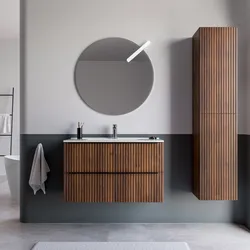 Mobile bagno sospeso 100 cm due cassetti noce maya effetto cannettato e lavabo con specchio - Lameck