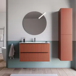 Mobile bagno sospeso 100 cm due cassetti terrarossa effetto cannettato con lavabo e specchio - Lameck