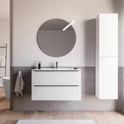 Mobile bagno sospeso 100 cm due cassetti bianco opaco effetto cannettato con lavabo e specchio - Lameck