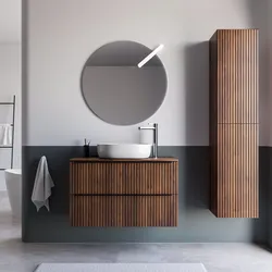 Mobile bagno sospeso 100 cm due cassetti noce maya effetto cannettato e top con specchio - Lameck