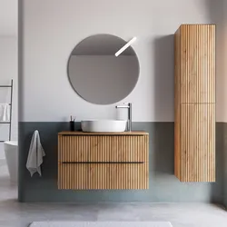 Mobile bagno sospeso 100 cm due cassetti con top rovere gold effetto cannettato e specchio - Lameck