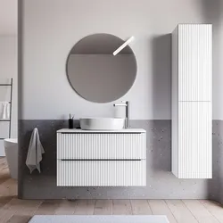 Mobile bagno sospeso 100 cm due cassetti bianco opaco effetto cannettato e top con specchio - Lameck