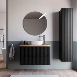 Mobile bagno sospeso 100 cm due cassetti nero opaco effetto cannettato con top rovere gold e specchio - Lameck