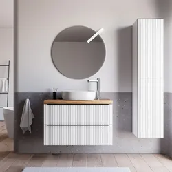 Mobile bagno sospeso 100 cm due cassetti bianco opaco effetto cannettato e top rovere gold con specchio - Lameck
