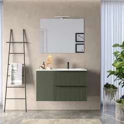 Mobile bagno sospeso 100 cm due cassetti verde selva effetto cannettato e anta con lavabo in ceramica dx e specchio - Lameck