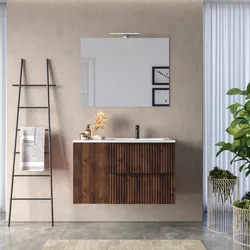 Mobile bagno sospeso 100 cm due cassetti noce maya effetto cannettato e anta con lavabo in ceramica dx e specchio - Lameck