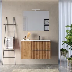 Mobile bagno sospeso 100 cm due cassetti rovere africa effetto cannettato con anta e lavabo in ceramica dx con specchio - Lameck
