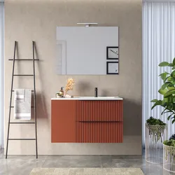 Mobile bagno sospeso 100 cm due cassetti terrarossa effetto cannettato con anta e lavabo in ceramica dx con specchio - Lameck