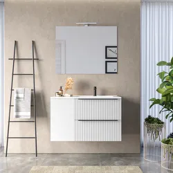 Mobile bagno sospeso 100 cm due cassetti bianco opaco effetto cannettato con anta e lavabo in ceramica dx con specchio - Lameck