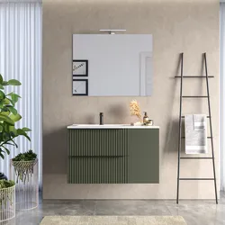 Mobile bagno sospeso 100 cm due cassetti verde selva effetto cannettato e anta con lavabo in ceramica sx e specchio - Lameck