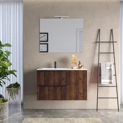 Mobile bagno sospeso 100 cm due cassetti noce maya effetto cannettato e anta con lavabo in ceramica sx e specchio - Lameck