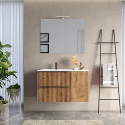 Mobile bagno sospeso 100 cm due cassetti rovere africa effetto cannettato con anta e lavabo in ceramica sx con specchio - Lameck