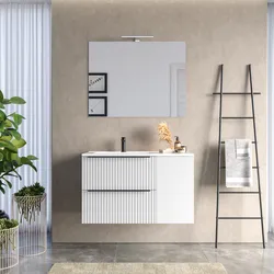 Mobile bagno sospeso 100 cm due cassetti bianco opaco effetto cannettato con anta e lavabo in ceramica sx con specchio - Lameck