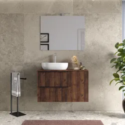 Mobile bagno sospeso 100 cm due cassetti noce maya effetto cannettato con anta e top  con specchio - Lameck