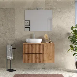 Mobile bagno sospeso 100 cm due cassetti rovere gold effetto cannettato con anta e top con specchio - Lameck