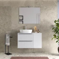 Mobile bagno sospeso 100 cm due cassetti bianco opaco effetto cannettato con anta e top con specchio - Lameck
