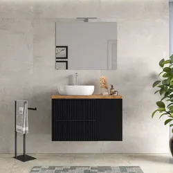 Mobile bagno sospeso 100 cm due cassetti nero opaco effetto cannettato con anta e top rovere gold con specchio - Lameck
