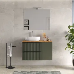 Mobile bagno sospeso 100 cm due cassetti verde selva effetto cannettato con anta e top rovere gold con specchio - Lameck