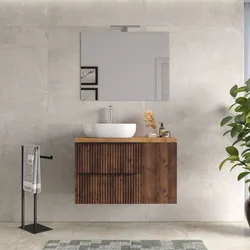 Mobile bagno sospeso 100 cm due cassetti noce maya effetto cannettato con anta e top rovere gold con specchio - Lameck