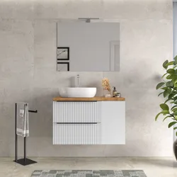 Mobile bagno sospeso 100 cm due cassetti bianco opaco effetto cannettato con anta e top rovere gold con specchio Lameck