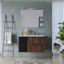 Mobile bagno sospeso 100 cm due cassetti noce maya effetto cannettato con anta nero satinato e lavabo in ceramica dx - Lameck