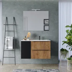 Mobile bagno sospeso 100 cm due cassetti rovere africa effetto cannettato con anta nero satinato e lavabo in ceramica dx - Lameck