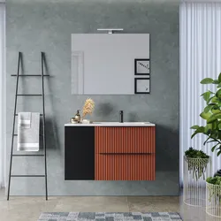 Mobile bagno sospeso 100 cm due cassetti terrarossa effetto cannettato con anta nero satinato e lavabo in ceramica dx - Lameck