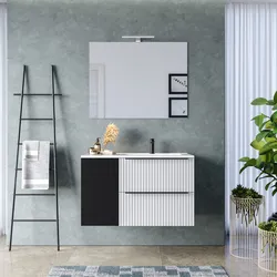 Mobile bagno sospeso 100 cm due cassetti bianco opaco effetto cannettato con anta nero satinato e lavabo in ceramica dx - Lameck