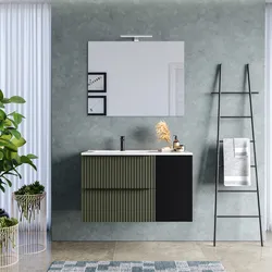 Mobile bagno sospeso 100 cm due cassetti verde selva effetto cannettato e anta nero satinato con lavabo in ceramica sx - Lameck